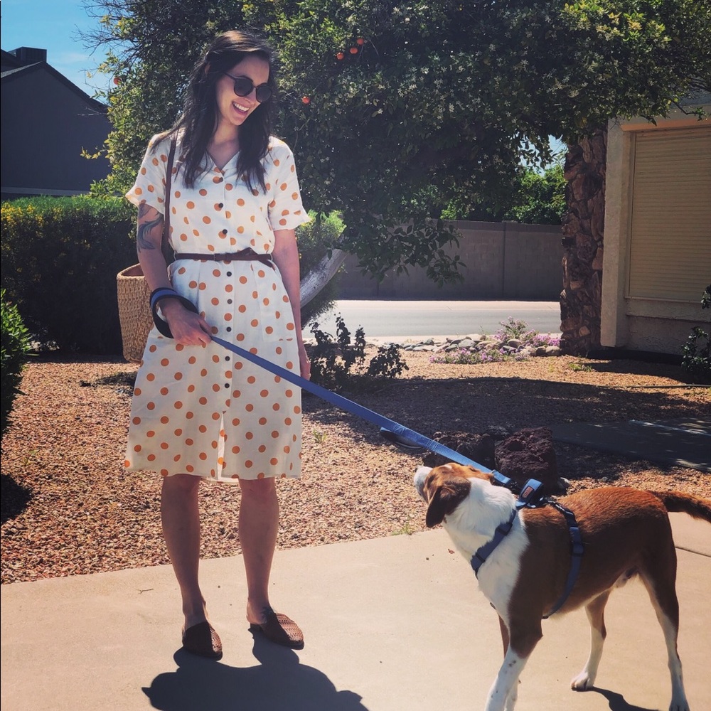 Cream dress with orange polka dots